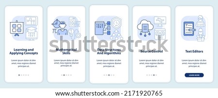 Program development skills light blue onboarding mobile app screen. Walkthrough 5 steps graphic instructions pages with linear concepts. UI, UX, GUI template. Myriad Pro-Bold, Regular fonts used Royalty-Free Stock Photo #2171920765