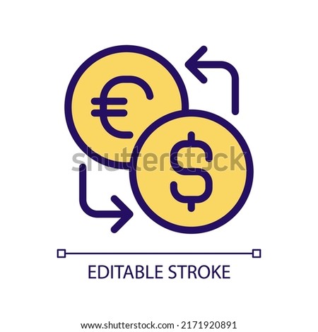 Currency exchange pixel perfect RGB color icon. Foreign cash. Currency converter. Global trade market. Isolated vector illustration. Simple filled line drawing. Editable stroke. Arial font used