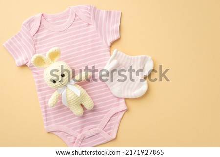 Baby accessories concept. Top view photo of pink bodysuit socks and knitted bunny toy on isolated pastel beige background