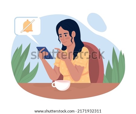 Woman turning off notifications on phone 2D vector isolated illustration. Positive flat character on cartoon background. Digital detox colourful editable scene for mobile, website, presentation
