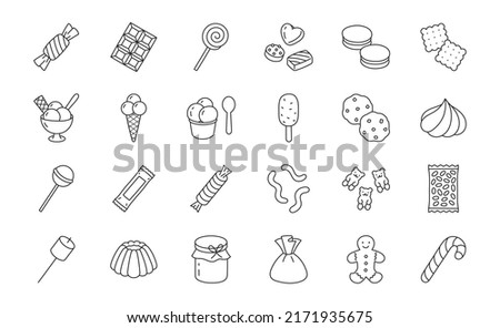 Sweets doodle illustration including icons - candy, marmalade bears, chocolate biscuit, pastry, pudding, ice cream, desert, marshmallow, cracker. Thin line art about confectionery. Editable Stroke Royalty-Free Stock Photo #2171935675