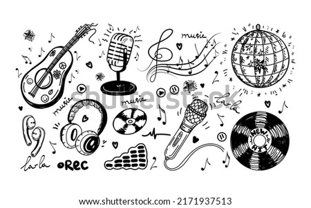 A set of hand-drawn musical elements in sketch style. Guitar or ukulele. Headphones, microphones, CDs, audio, Disco ball, violin key with notes and recording icons. Vector simple isolated illustration