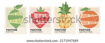 Sliced fruit card. Pantone with fruits. Retro 90s 80s 70s groovy posters. Orange. Strawberry. Pineapple. Lime. Modern trendy print. Hand drawn fruit. Vector illustration