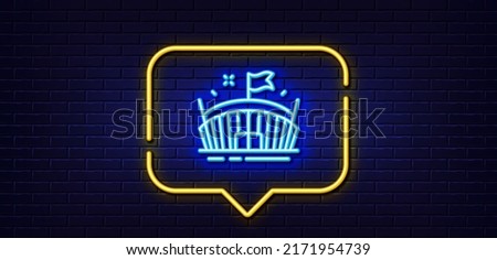 Neon light speech bubble. Sports stadium line icon. Arena with flag sign. Sport complex symbol. Neon light background. Arena glow line. Brick wall banner. Vector