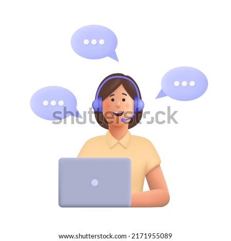 Office operator with headset talking with clients. Customer service, call center, hotline, customer support department staff concept. 3d vector people character illustration. Cartoon minimal style. Royalty-Free Stock Photo #2171955089