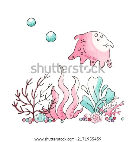 Watercolor composition with octopus and seaweed on a white background.