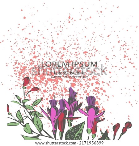 Attractively arranged border bunch of flowers on white bacground with pink splatter. Drawn fuchsia flowers, artistic vector illustration. Floral botanical trendy pattern, graphic design. Green colors