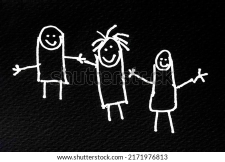 Hand Drawing Photo of a People Holding Hands. Black and White Hand-Drawing Picture by Child. No War Concept. Love, Help and Unity.