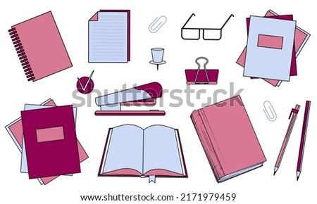Vector flat illustration of office elements: notebooks, pen, pencil, paper clips, books, stapler, glasses, documents. Hand-drawn illustration for design poster, banner, card, pattern.