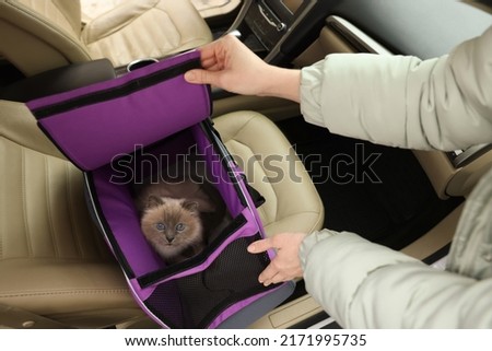 Woman closing pet carrier with cat in car, closeup Royalty-Free Stock Photo #2171995735