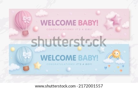 Set of baby shower invitation with cartoon hot air balloon, rainbow, sun, balloons and clouds on blue and pink background. It's a boy. It's a girl. Vector illustration Royalty-Free Stock Photo #2172001557