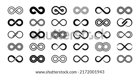 Infinity symbols. Set of infinity icons. Symbols of endless, unlimited, eternal. Vector illustration. Royalty-Free Stock Photo #2172001943