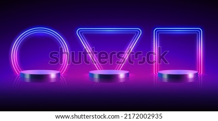 Three Cylinder Podium with Round, Triangular and Square Neon Farmes. Vector clip art for your project design in retro style.