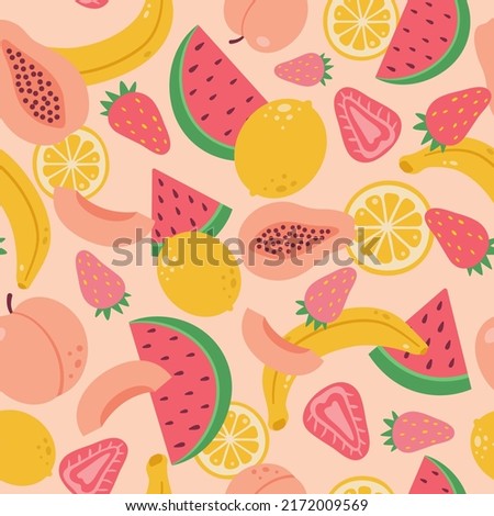 Fruity tropical seamless modern pattern. Mature summer exotic fruits and berries. Watermelon, papaya, lemon, peach and others. Royalty-Free Stock Photo #2172009569