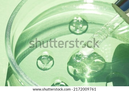 Pipette with transparent cosmetic liquid at glass petri dish over green background with copy space. Texture of face serum or cosmetic oil, aloe vera essence. Selective focus Royalty-Free Stock Photo #2172009761