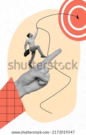 Creative collage poster of ambitious manager throw hook target finger indicate win move up top success aspiration concept