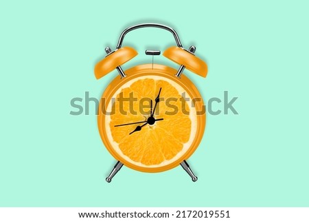 Photo cartoon comics sketch picture of juicy orange clock showing eight o'clock isolated teal turquoise background