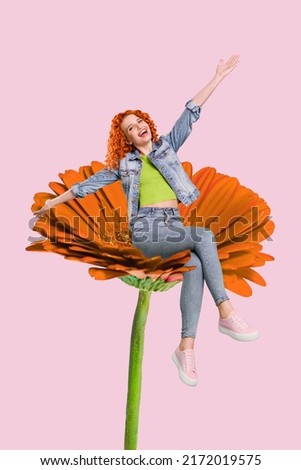 Collage 3d image of pinup pop retro sketch image of read hair lady sitting big flower isolated pink color background