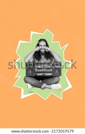 Trend collage picture photo of joyful guy sitting listen tape recorder isolated orange painting color background