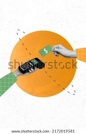 Creative sketch collage of two palms client pay deposit card marketing swipe terminal device isolated drawing background