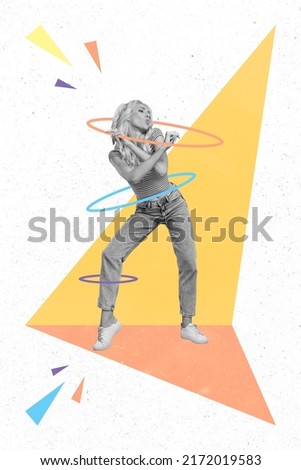 Exclusive trend collage of black white filter millennial training hula hoop dance energetic isolated drawing background