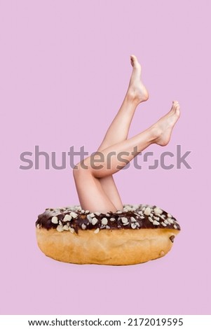 Collage sketch of big chocolate cookie donut with woman legs calories counting concept isolated pastel color background