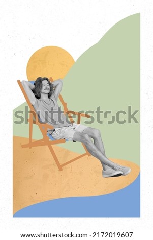 Creative photo collage sketch of traveler guy enjoying relax sun bathing on deck chair isolated cartoon background