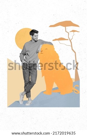 Photo artwork minimal collage of funny funky guy enjoying animal safari isolated drawing background