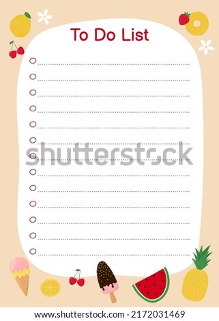 Template for To Do List with cute  summer objects. Colorful ice cream, fruit and berries. Vector illustration