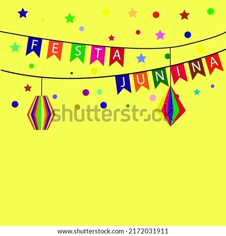 card of traditional brazilian party in the month of june with flags and balloons. translation: June celebration in portuguese