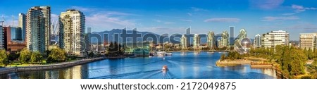Panorama of aerial view of  Landscape of false creek in a sunny day in Vancouver, Canada