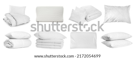 Set with soft pillows and blankets on white background. Banner design Royalty-Free Stock Photo #2172054699