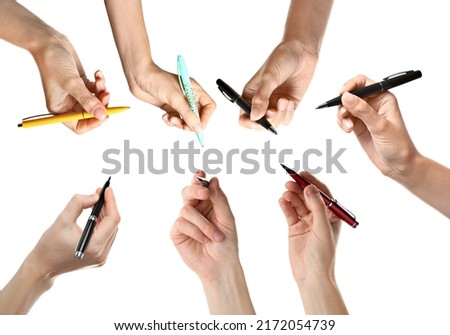 Collage with photos of women holding pens on white background Royalty-Free Stock Photo #2172054739