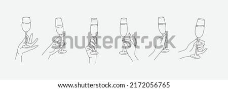 Collection of different woman hands gestures hold wineglass or drink cocktails. Minimal linear trendy style. Line icons or symbol of female hand for logo in restaurant or bar. Vector