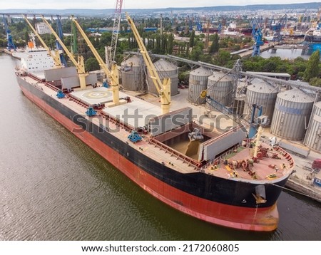 Loading grain into holds of sea cargo vessel in seaport from silos of grain storage. Bunkering of dry cargo ship with grain. Aerial top view Royalty-Free Stock Photo #2172060805
