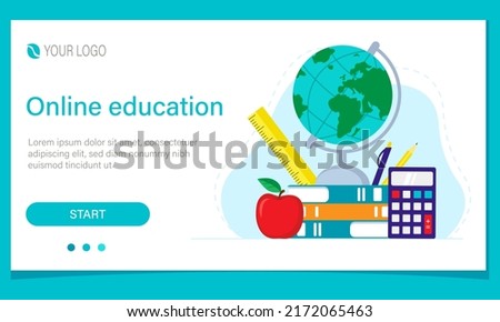 Online education web banner design. Globe, books, calculator and other school supplies. Vector illustration