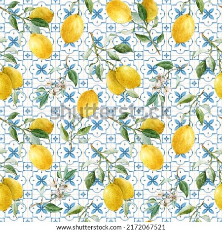 Beautiful seamless pattern in Sicilian style with hand drawn watercolor lemons and blue tiles. Stock illustration.