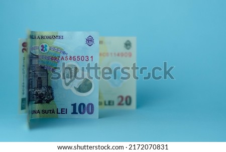 Selective focus on detail of lei banknotes. Close up macro detail of romanian lei banknotes, 100 lei isolated. World money concept, inflation and economy concept Royalty-Free Stock Photo #2172070831