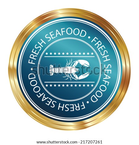 Quality Management Systems, Quality Assurance and Quality Control Concept Present By Blue Metallic Style Fresh Seafood With Lobster Sign Sticker, Stamp, Label or Icon Isolated on White 