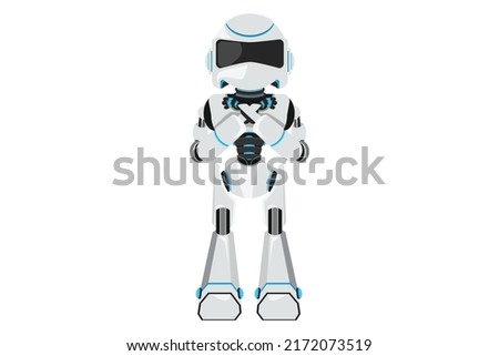 Business design drawing robot crossing arms. Robot making X shape, stop sign with hands and negative expression. Technology development. Artificial intelligence. Flat cartoon style vector illustration