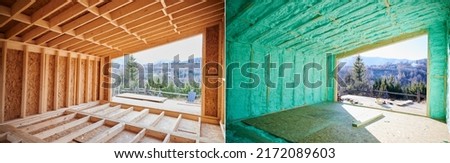 Photo collage before and after thermal insulation room in wooden frame house in Scandinavian style barnhouse. Comparison of walls sprayed by polyurethane foam. Construction and insulation concept.
