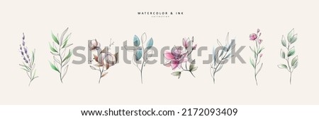 Set of luxury green leaves and flowers elements in watercolor and ink style. Aquarelle and line branches and blooming. Vector isolated on white background for Invitation, greeting card