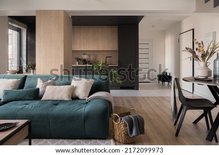 Modern open plan apartment with stylish living room with dining area and simple kitchen in one room Royalty-Free Stock Photo #2172099973