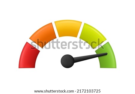 Speedometer icon. 3D meter with arrow for dashboard with green, yellow, red indicators. Gauge of tachometer. Low, medium, high and risk levels. Scale score of speed, performance and rating. Vector. Royalty-Free Stock Photo #2172103725