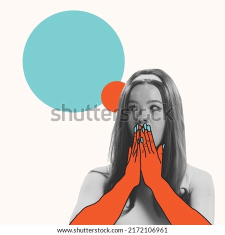Shock, surprise. Orange hands. Artwork with young surprised girl in retro, 70s, 80s fashion style clothes and drawn hands over light background. Concept of contemporary art, beauty, emotions