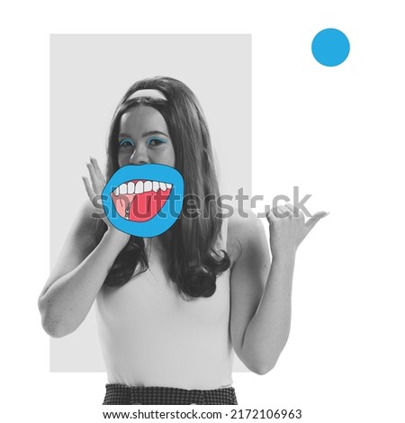 Laughing. Contemporary collage with young shocked girl in retro, 70s, 80s fashion style clothes with huge drawn mouth over light background. Concept of contemporary art, beauty, emotions