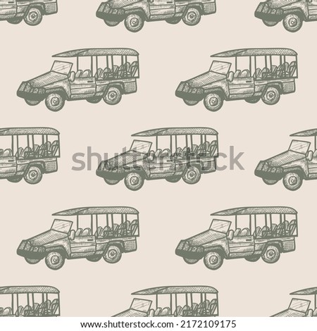 Safari bus engraved seamless pattern. Vintage adventure off road car in hand drawn style. Sketch texture for fabric, wallpaper, textile, print, title, wrapping paper. Vector illustration.