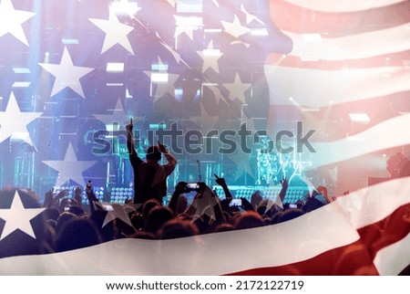 Crowd of people celebrating Independence Day. United States of America USA flag background for 4th of July.
