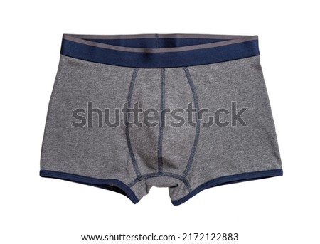 Mens gray boxers isolated on a white background. Male tight underwear of cotton with elastane cutout. New grey boxer briefs. New clean underclothes. Concept of modern men underpants. Front view. Royalty-Free Stock Photo #2172122883