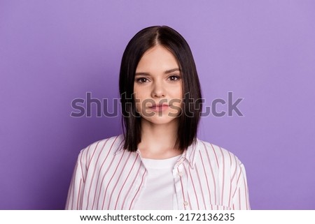 Photo of young pretty woman clever representative expert wear casual clothes isolated over violet color background